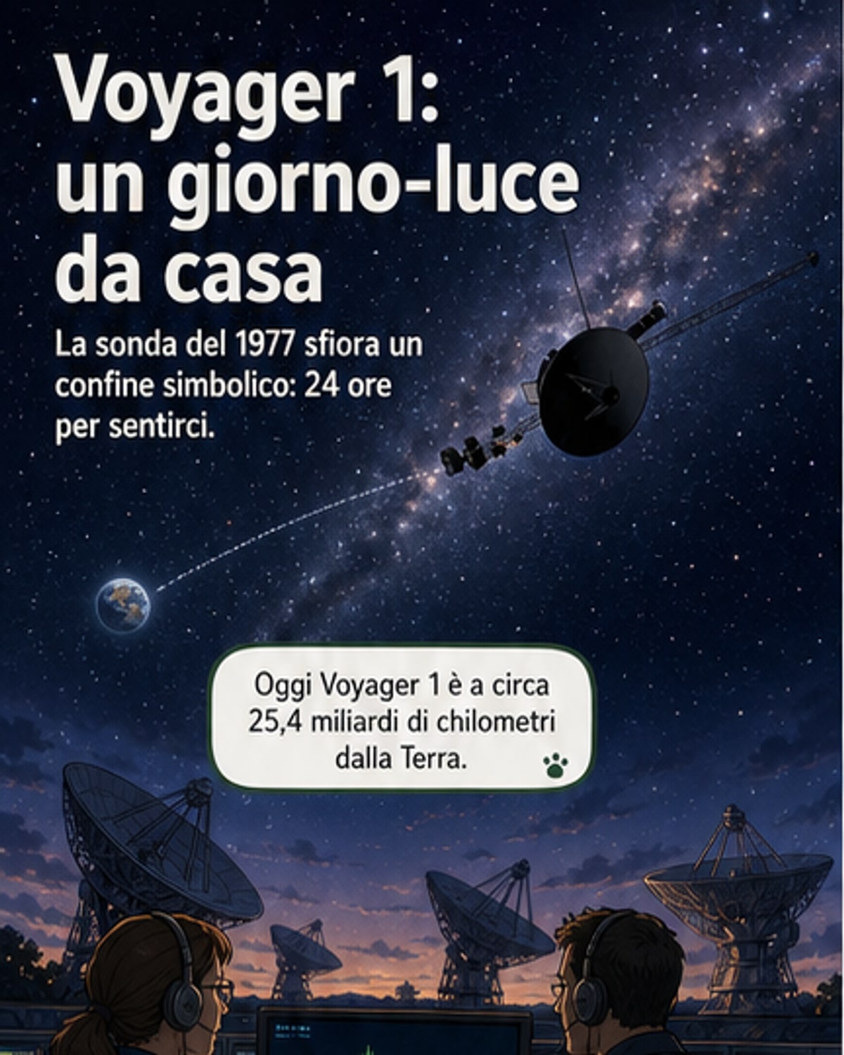 Illustrazione di Voyager 1 che si allontana nello spazio interstellare, con una scia luminosa e la Terra visibile come un piccolo punto blu in lontananza.