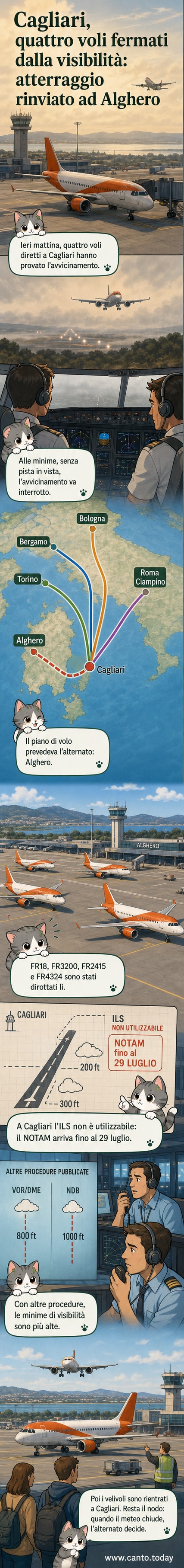 Illustrazione di un aereo che interrompe l'atterraggio su Cagliari a causa di nebbia, con indicazione del dirottamento verso Alghero e avviso ILS non disponibile.