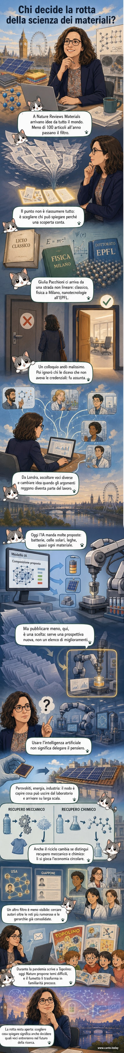 Illustrazione di Giulia Pacchioni, editor di Nature Reviews Materials, circondata da icone di materiali innovativi, circuiti, celle solari e robot che sperimentano in laboratorio.