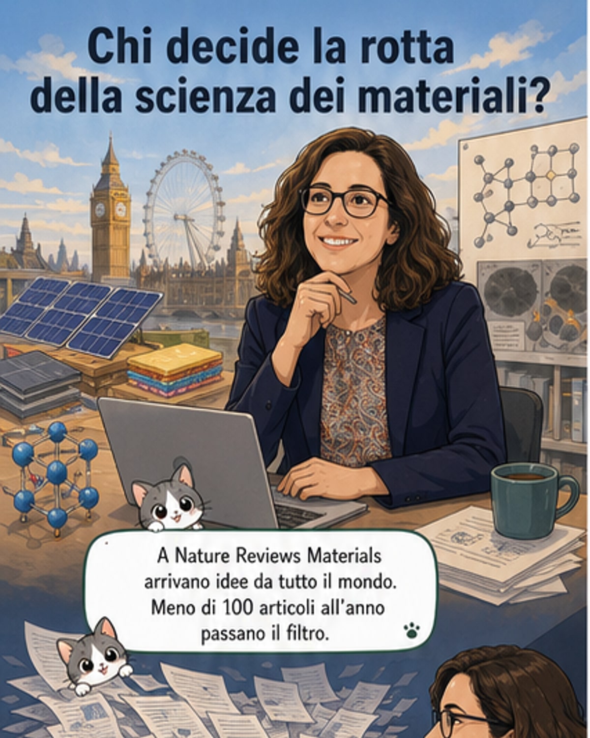 Illustrazione di Giulia Pacchioni, editor di Nature Reviews Materials, circondata da icone di materiali innovativi, circuiti, celle solari e robot che sperimentano in laboratorio.