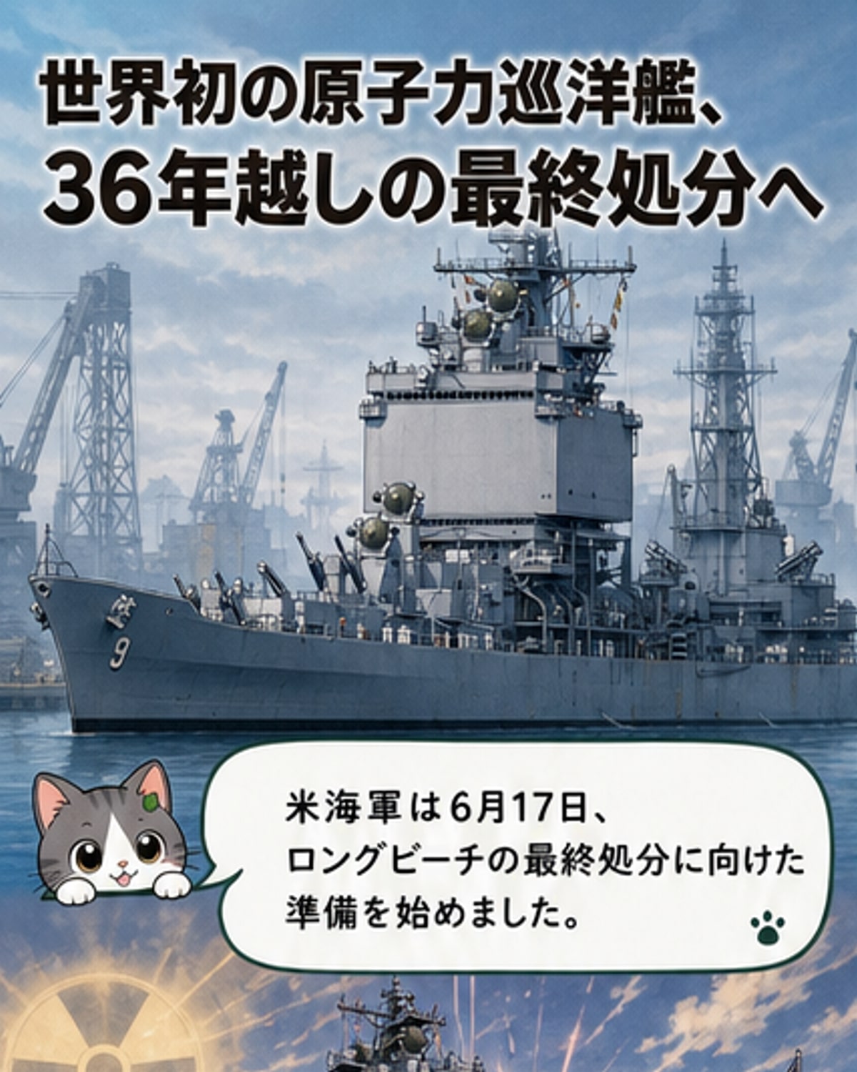 衛星写真に映る、ピュージェット・サウンド海軍造船所に係留された原子力巡洋艦「ロングビーチ」の姿。船体中央部が特に目立つ独特の形状。