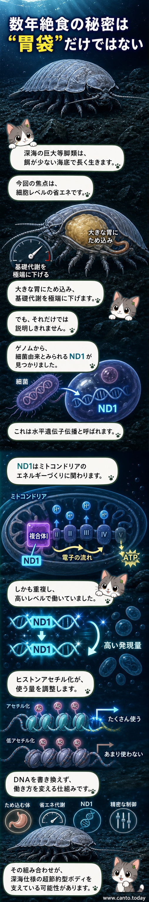 深海の暗闇にいる巨大なグソクムシが、発光する遺伝子の仕組みを体内に持つ様子を描いた科学イラスト