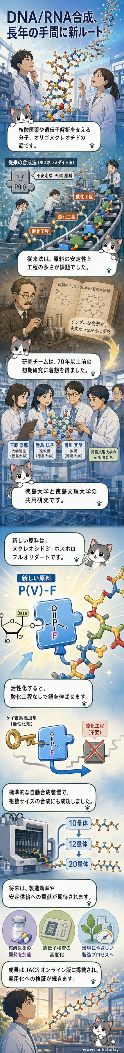 DNAとRNAの新しい合成手法を説明する図解。分子構造と反応プロセスが視覚化されています。