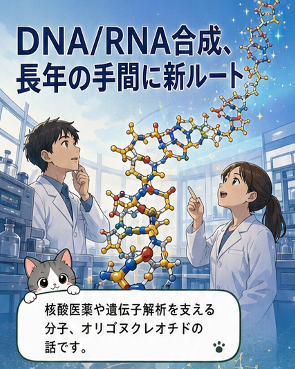 DNAとRNAの新しい合成手法を説明する図解。分子構造と反応プロセスが視覚化されています。