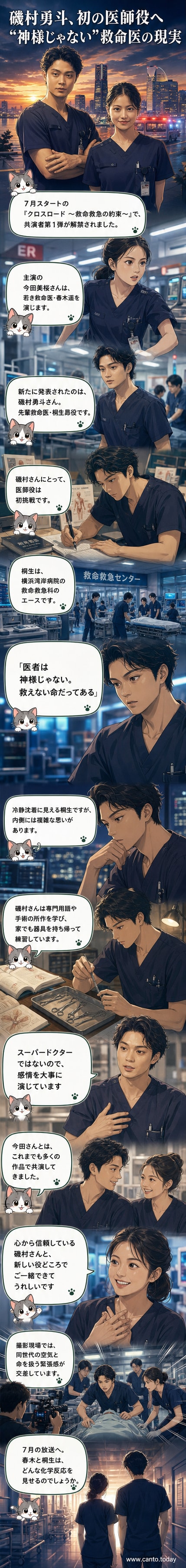ドラマ『クロスロード』のセットで医療用具を持った磯村勇斗と今田美桜が真剣な表情で向かい合っている