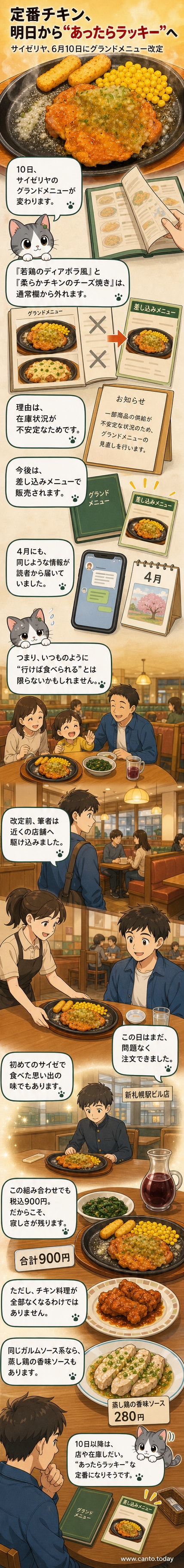 サイゼリヤの店内で、鉄板に乗った若鶏のディアボラ風を赤ワインと一緒に食べる様子。メニュー改定前の最後の味わいを表現。