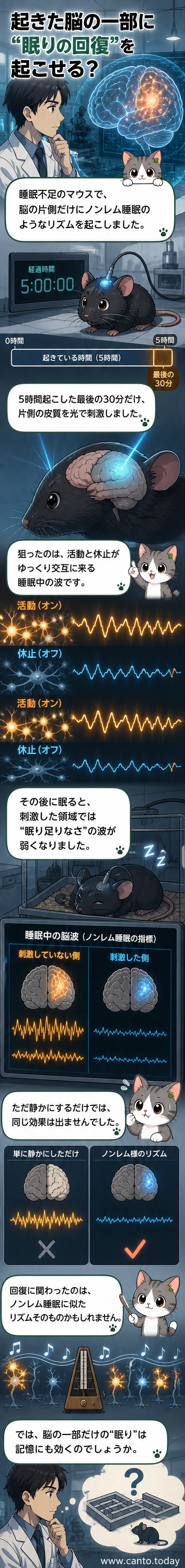 マウスの脳の片側に光を当て、ノンレム睡眠のようなリズムを人工的に起こしている様子を示す科学イラスト。