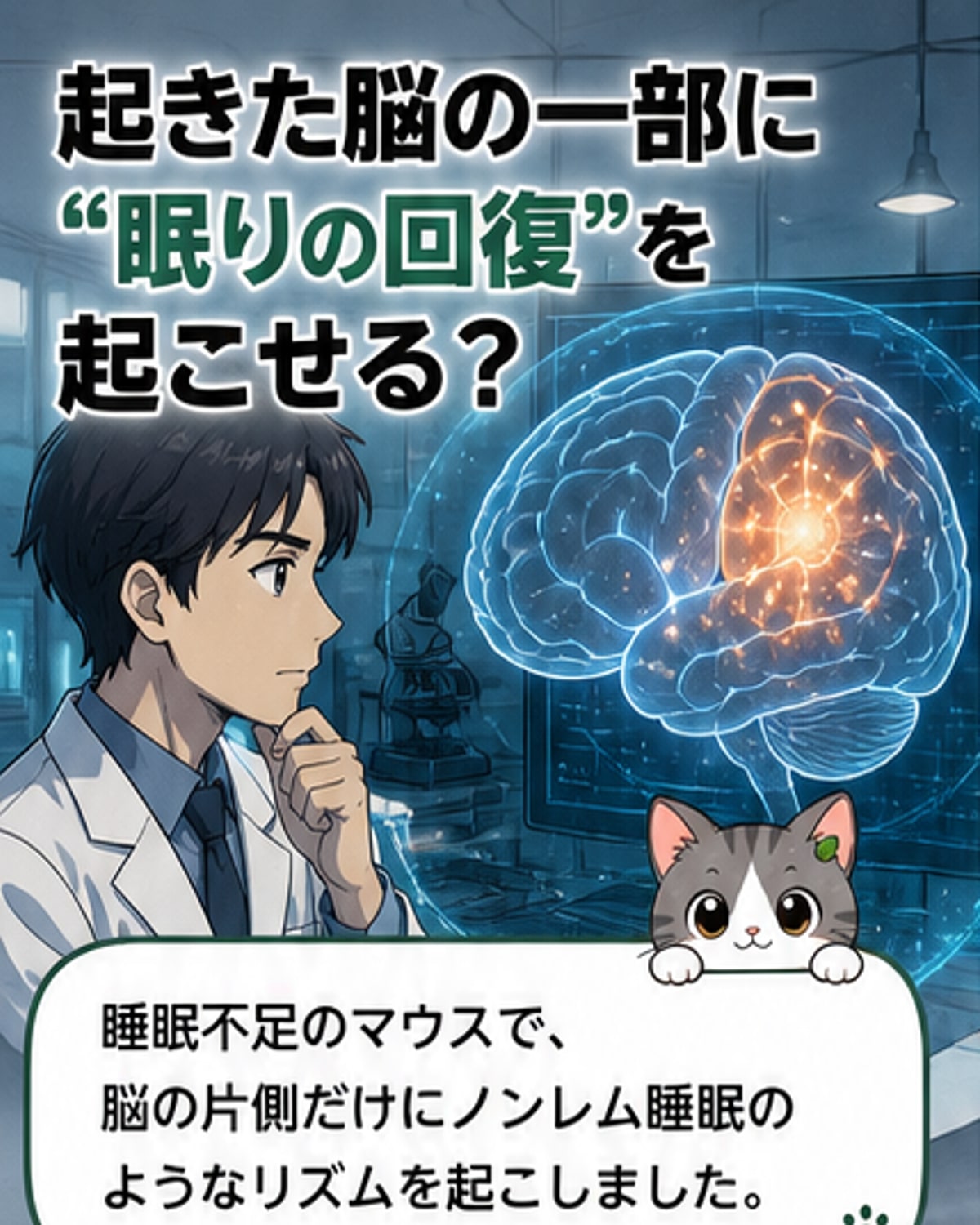 マウスの脳の片側に光を当て、ノンレム睡眠のようなリズムを人工的に起こしている様子を示す科学イラスト。