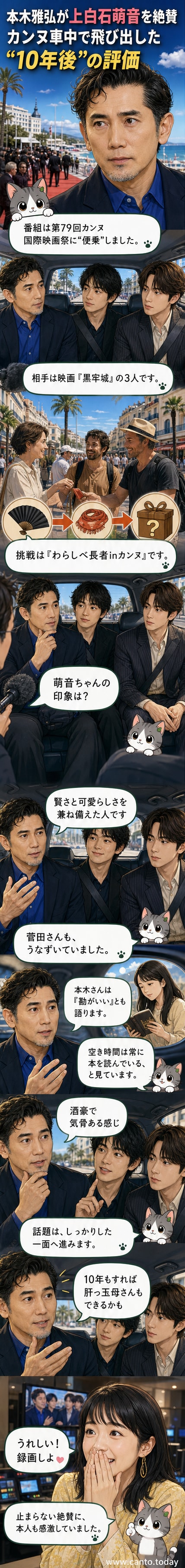 本木雅弘と菅田将暉、宮舘涼太がカンヌ映画祭のロケに参加し、MCの上白石萌音について話す様子を描いたイラスト。