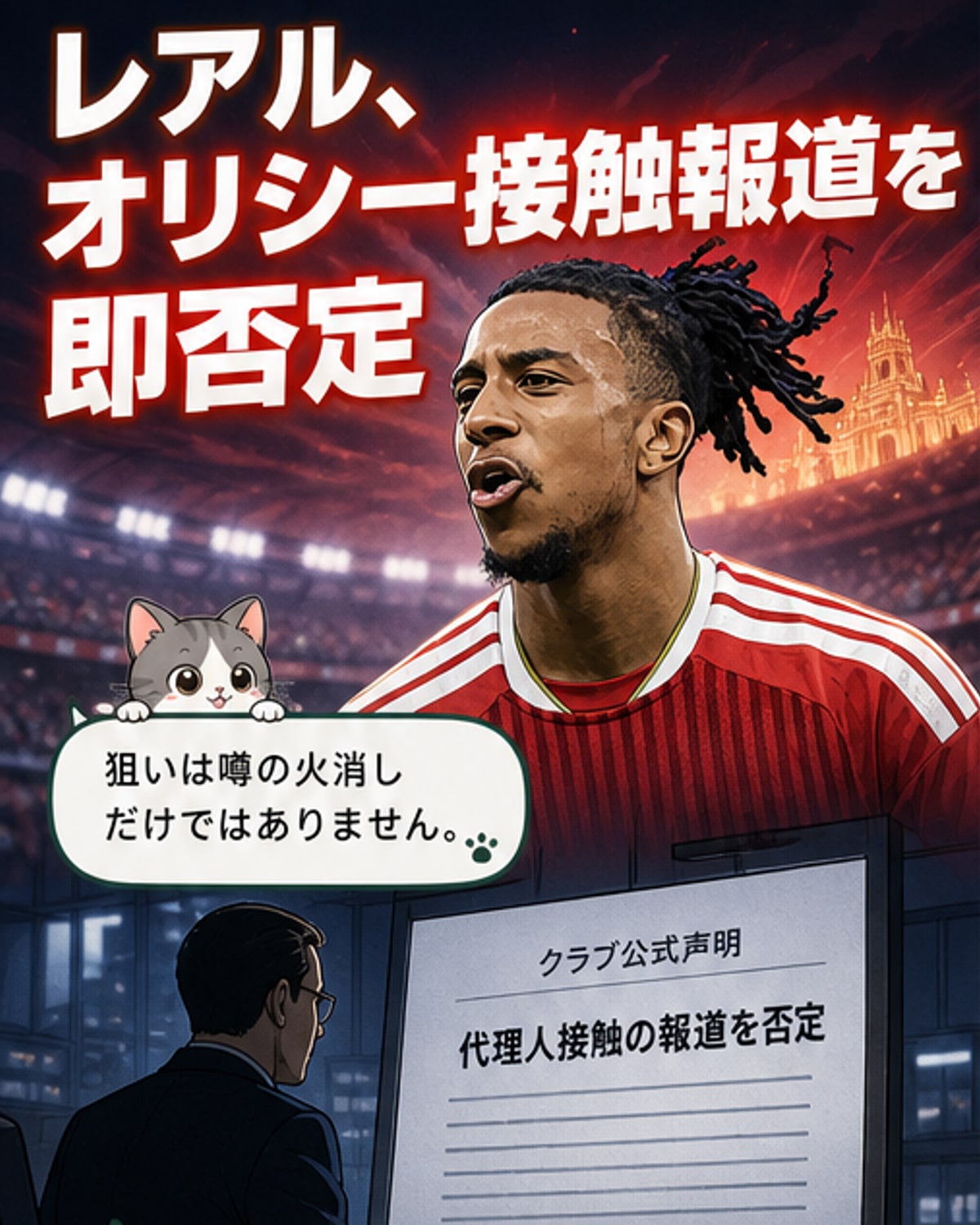 レアル・マドリードのエンブレムと選手のシルエットが並ぶ中、FIFA規則に従う姿勢を示す公式声明のイメージ