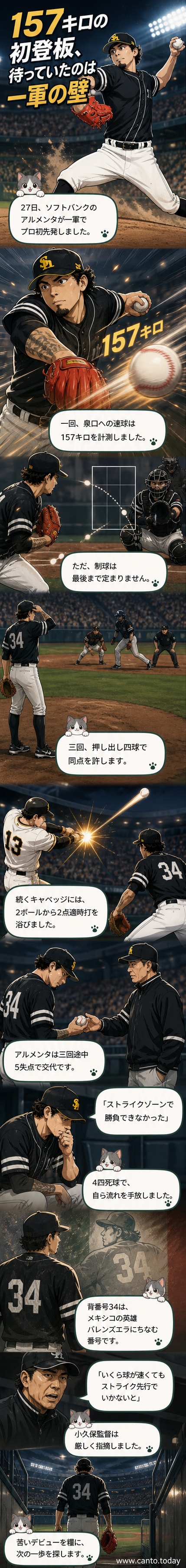 マウンドに立つソフトバンクの新人投手アルメンタ。速球は157キロを記録するも制球に苦しむ。