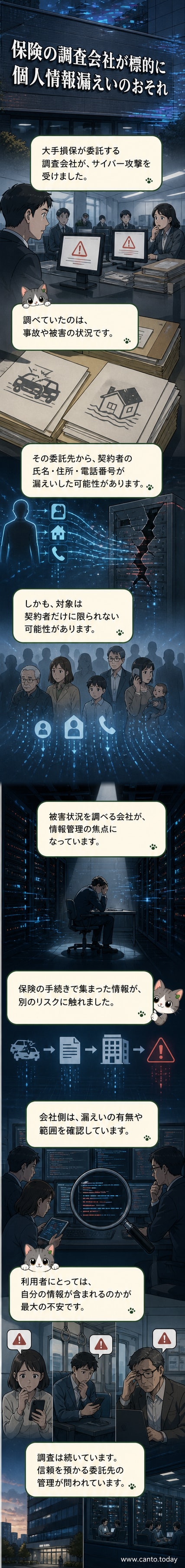 損保大手の調査会社がサイバー攻撃を受け、保険契約者の個人情報が流出した可能性があることを示すウェブトゥーンのカバー画像。