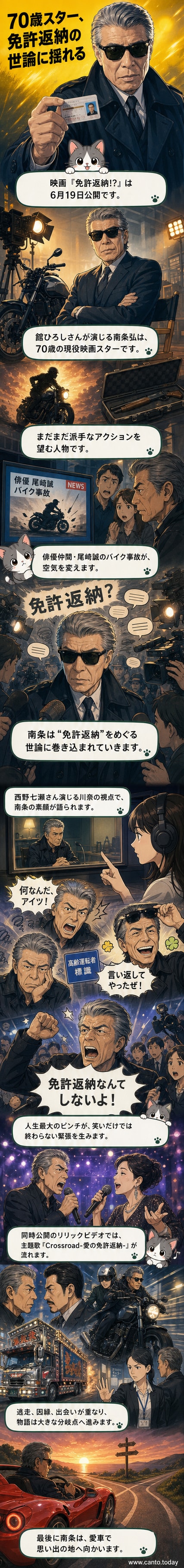 映画『免許返納!?』の特別映像とTHE ALFEEの主題歌リリックビデオが公開されたことを伝えるビジュアル。舘ひろしがバイクにまたがる姿と、西野七瀬のナレーション、THE ALFEEの楽曲が並ぶ。