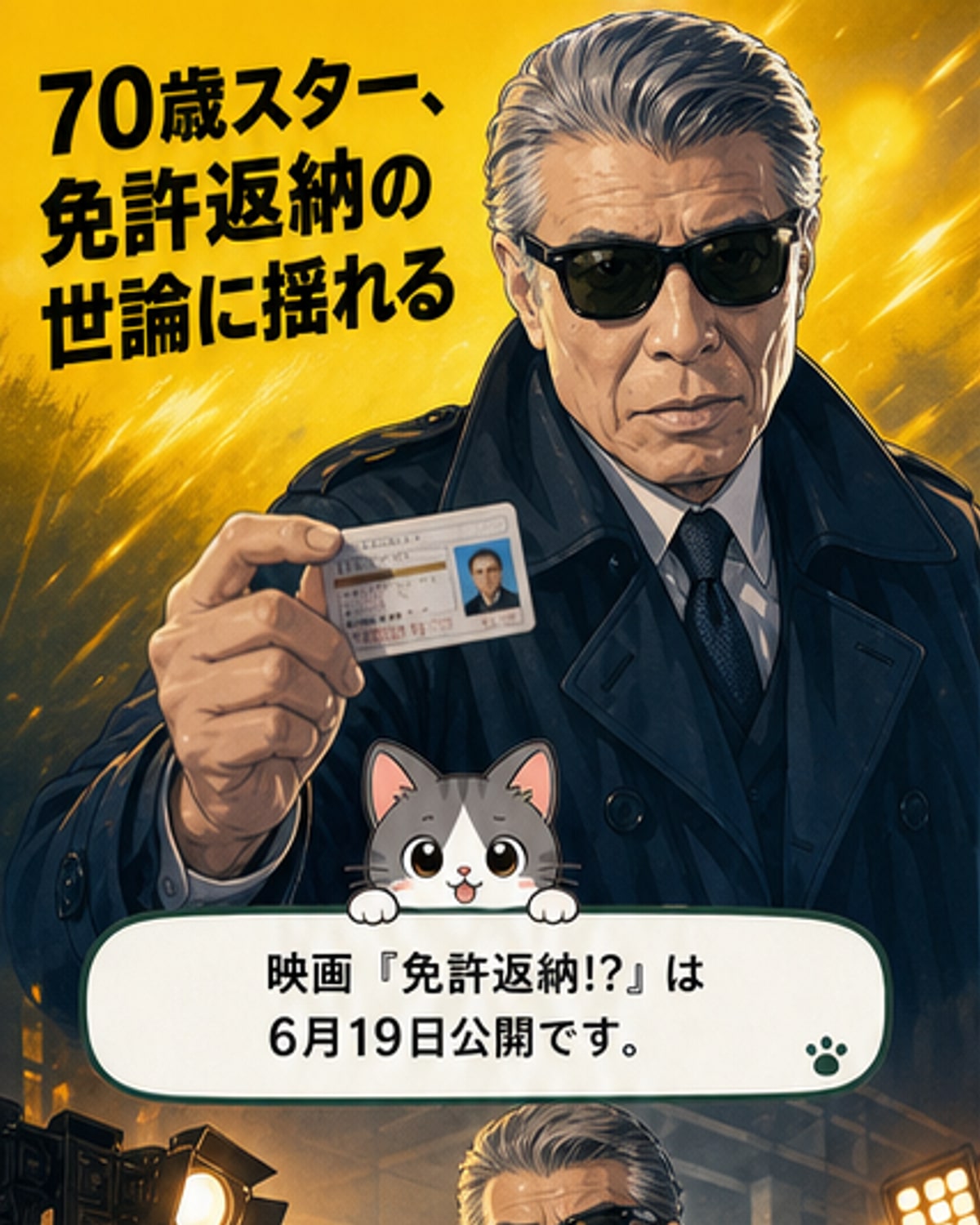 映画『免許返納!?』の特別映像とTHE ALFEEの主題歌リリックビデオが公開されたことを伝えるビジュアル。舘ひろしがバイクにまたがる姿と、西野七瀬のナレーション、THE ALFEEの楽曲が並ぶ。