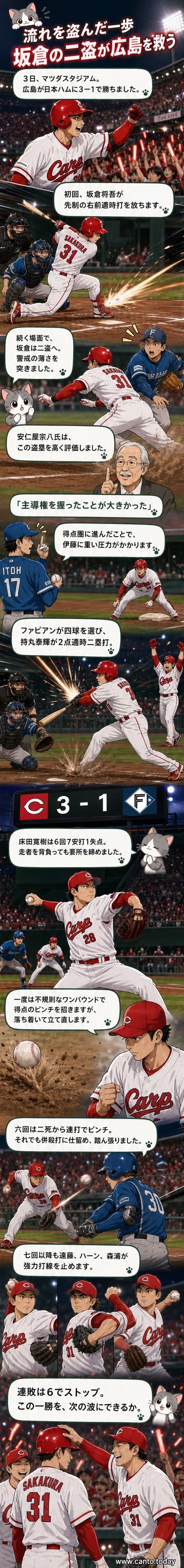 マツダスタジアムで走塁する広島・坂倉将吾。右前に適時打を放ち、その後二盗を決めた瞬間。