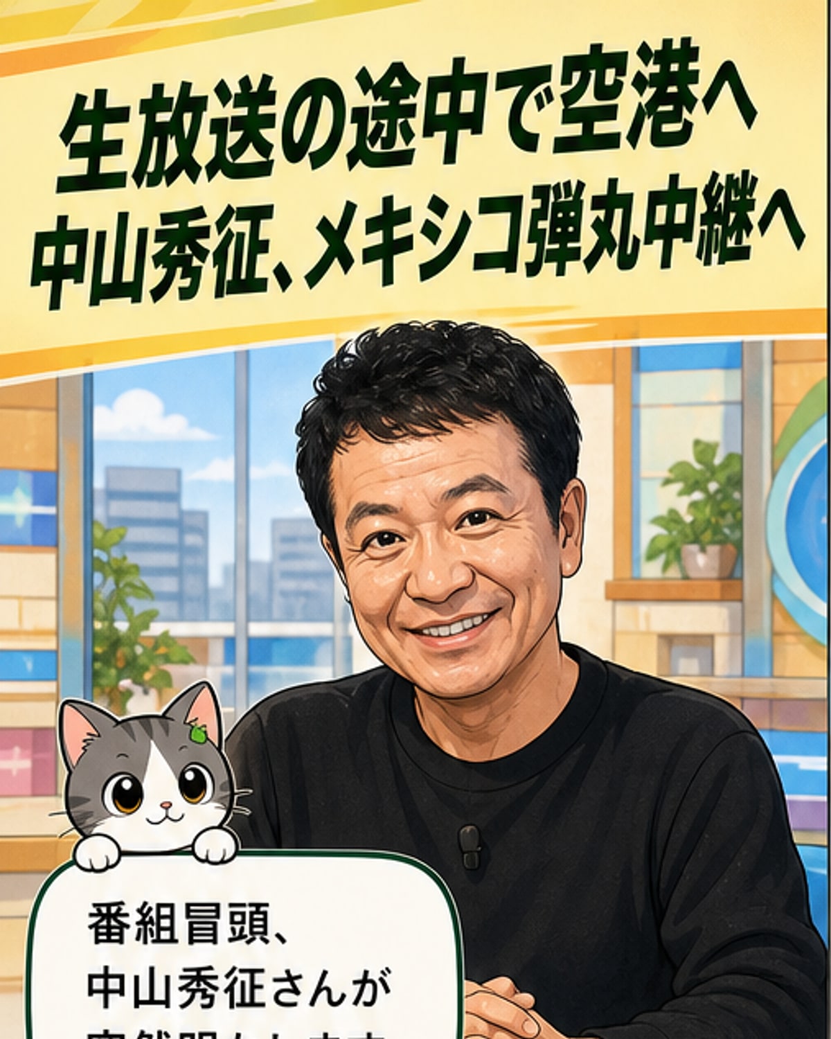 笑顔で麦わら帽子をかぶり、サングラスをかけた中山秀征が『シューイチ』のスタジオを途中退席する様子