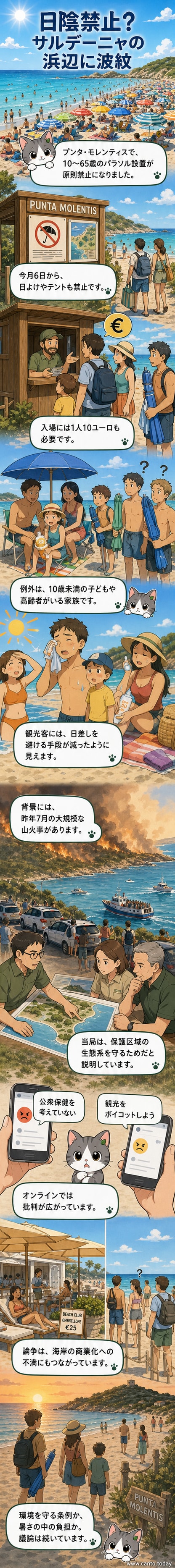 イタリアのビーチで、パラソルを張れない家族が日差しの下にいる様子を描いたイラスト。