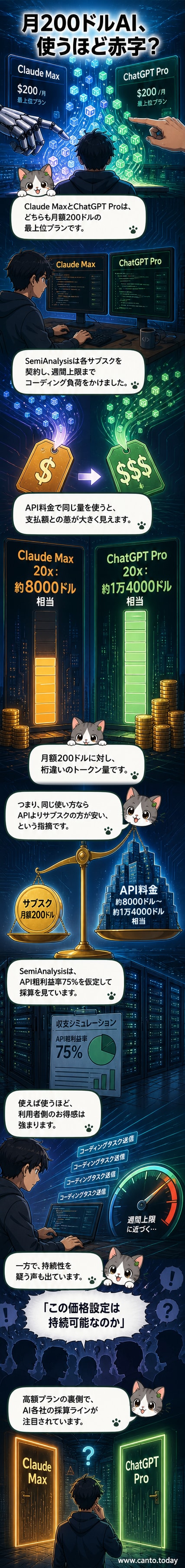 AnthropicのClaudeとOpenAIのChatGPTのロゴが並び、それぞれのサブスクリプション価格と実質トークン価値を示す比較チャート