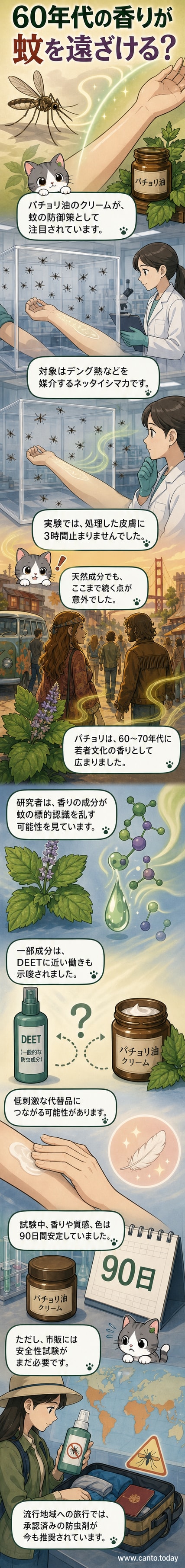 1960年代風のパチョリの香りをテーマにした防虫クリームの実験風景。実験室でボランティアの腕にクリームを塗布し、蚊の反応を観察する様子。