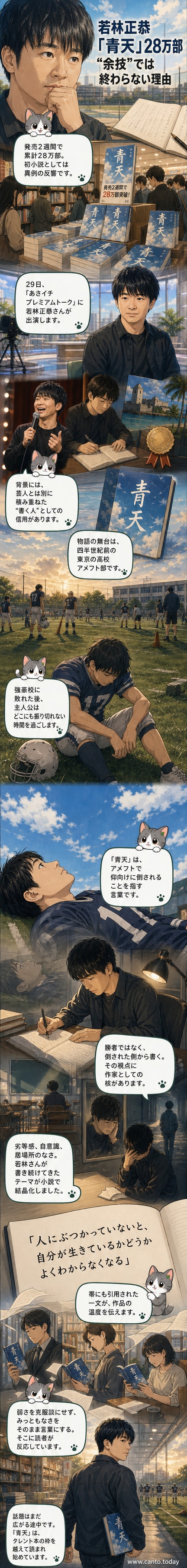 オードリーの若林正恭が手にした小説『青天』の表紙。背景は東京の街並みと高校のグラウンドが重なっている。