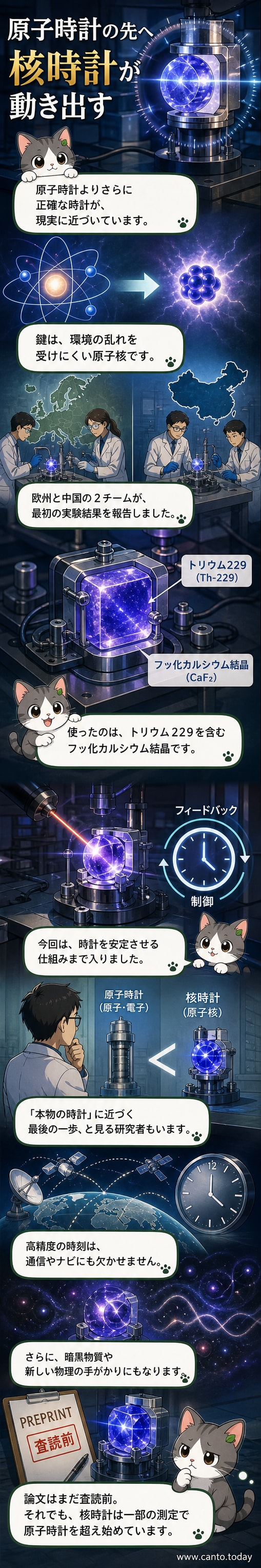 光を放つ結晶の内部で、原子核の振動が時を刻む様子を描いたイメージ。青白い光が規則的に点滅。
