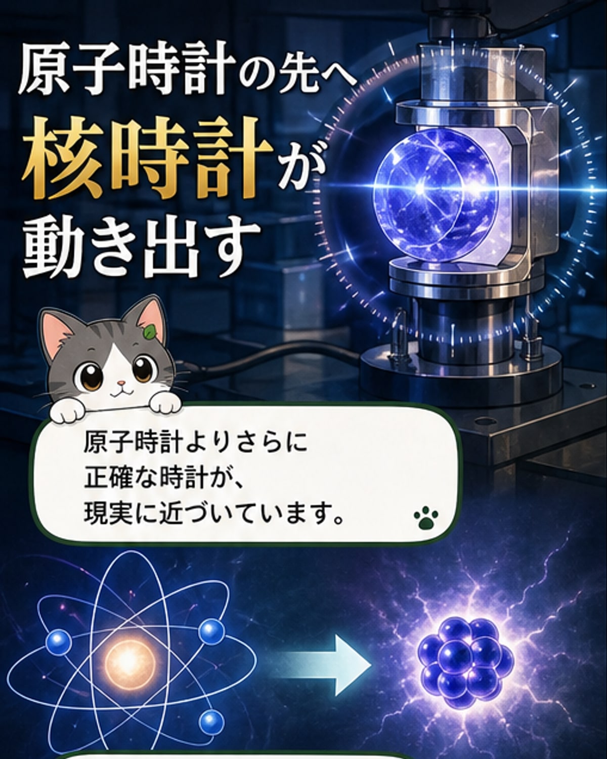 光を放つ結晶の内部で、原子核の振動が時を刻む様子を描いたイメージ。青白い光が規則的に点滅。