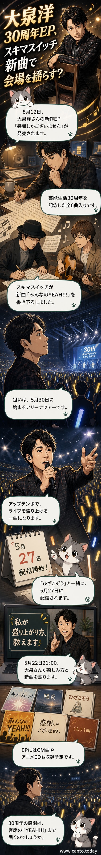 大泉洋の30周年記念EP「感謝しかございません」のジャケットアートと、収録楽曲「みんなのYEAH!!!」を書き下ろしたスキマスイッチのロゴが並ぶビジュアル