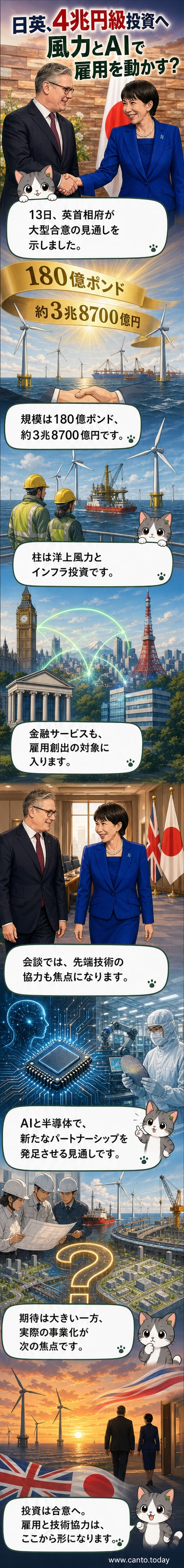 日本と英国の国旗が並び、風力タービンとデータセンターを背景にしたクリーンエネルギー協力の様子を描いたイラスト