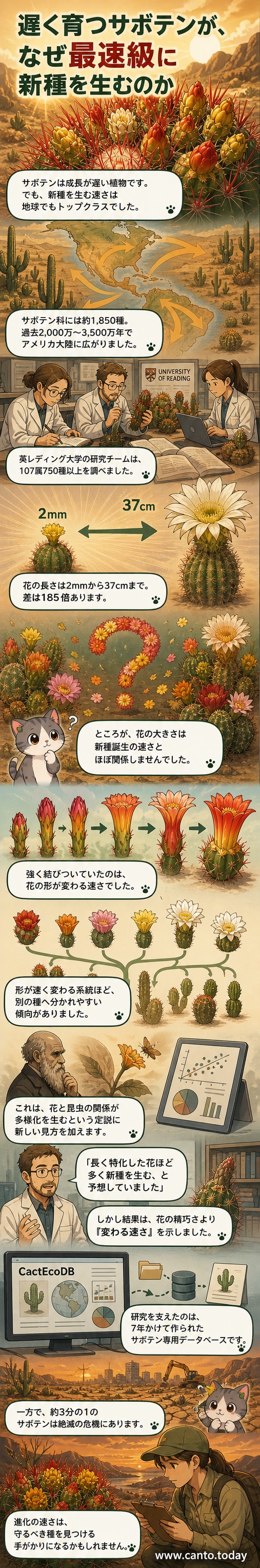 砂漠のサボテンが花を咲かせ、その形の多様性が進化スピードと関連していることを示すビジュアル解説