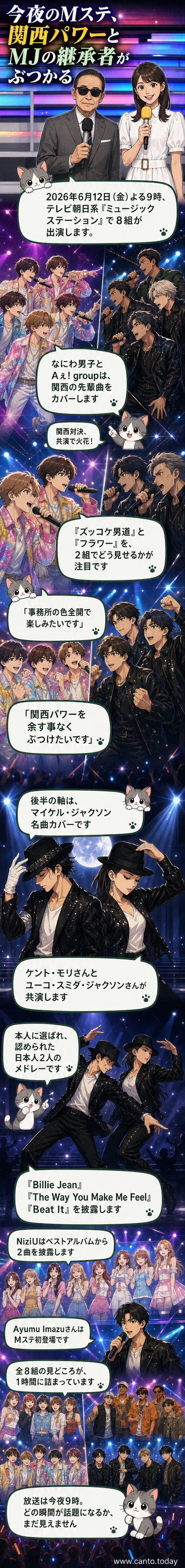 『ミュージックステーション』のステージでマイケル・ジャクソンの楽曲を熱唱するケント・モリとユーコ・スミダ・ジャクソン。背後には派手なライティングと観客が映る。