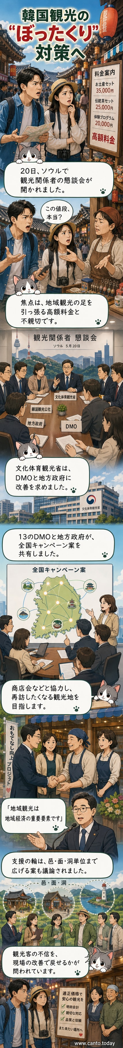 韓国の観光地で「ぼったくり」を防ぐため、政府と地域団体が協議する様子を描いたイラスト。地図と観光案内所、人々が話し合うシーンが含まれる。
