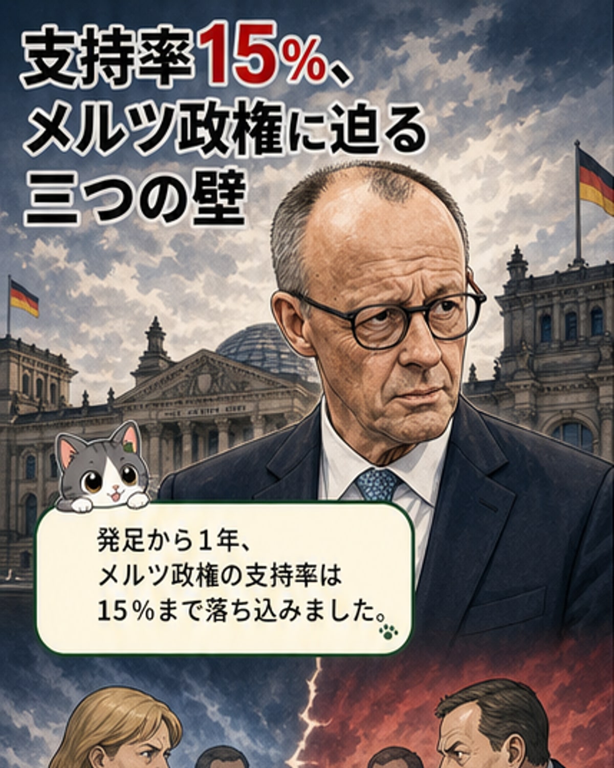 メルツ政権1年、支持率15％に低迷