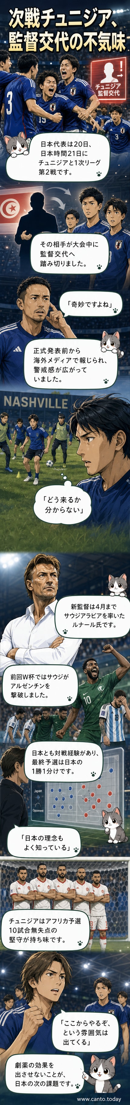 ナッシュビルでの練習中に笑顔を見せる日本代表の選手たち。次戦のチュニジアは監督を電撃交代させ、日本は警戒を強めている。