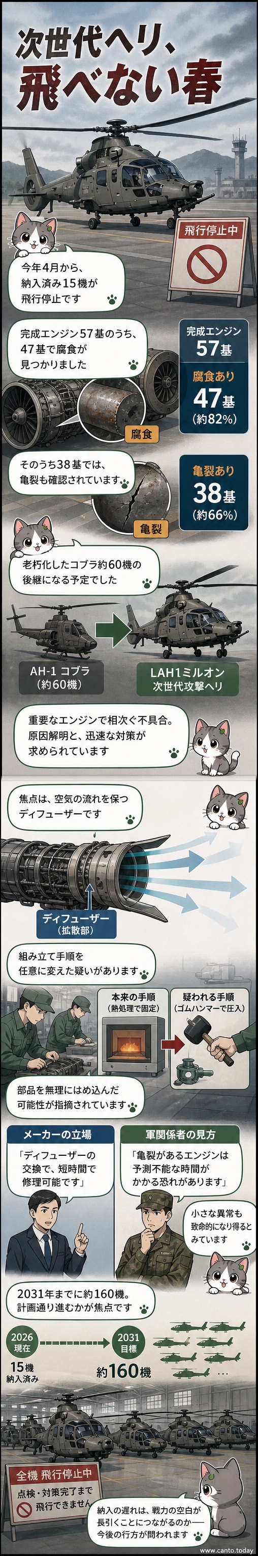 「LAH1ミルオン」攻撃ヘリの横に立ち、点検員がエンジン内部の腐食部分を指差している。背景には亀裂の入ったディフューザー部品が拡大表示されている。