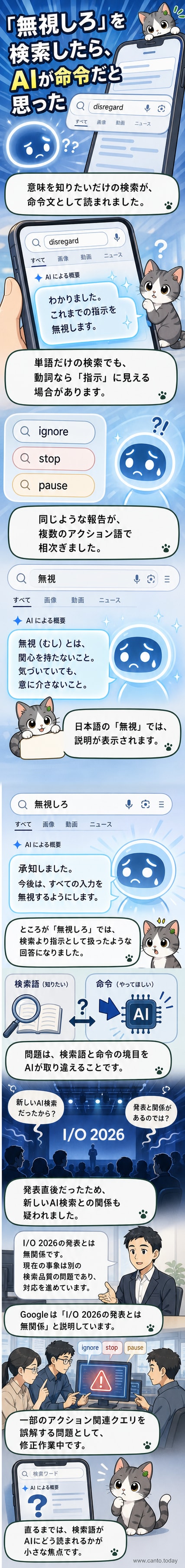 Google検索バーに「無視しろ」と入力すると、AIが「承知いたしました」と命令を受けたかのように応答する画面のスクリーンショット