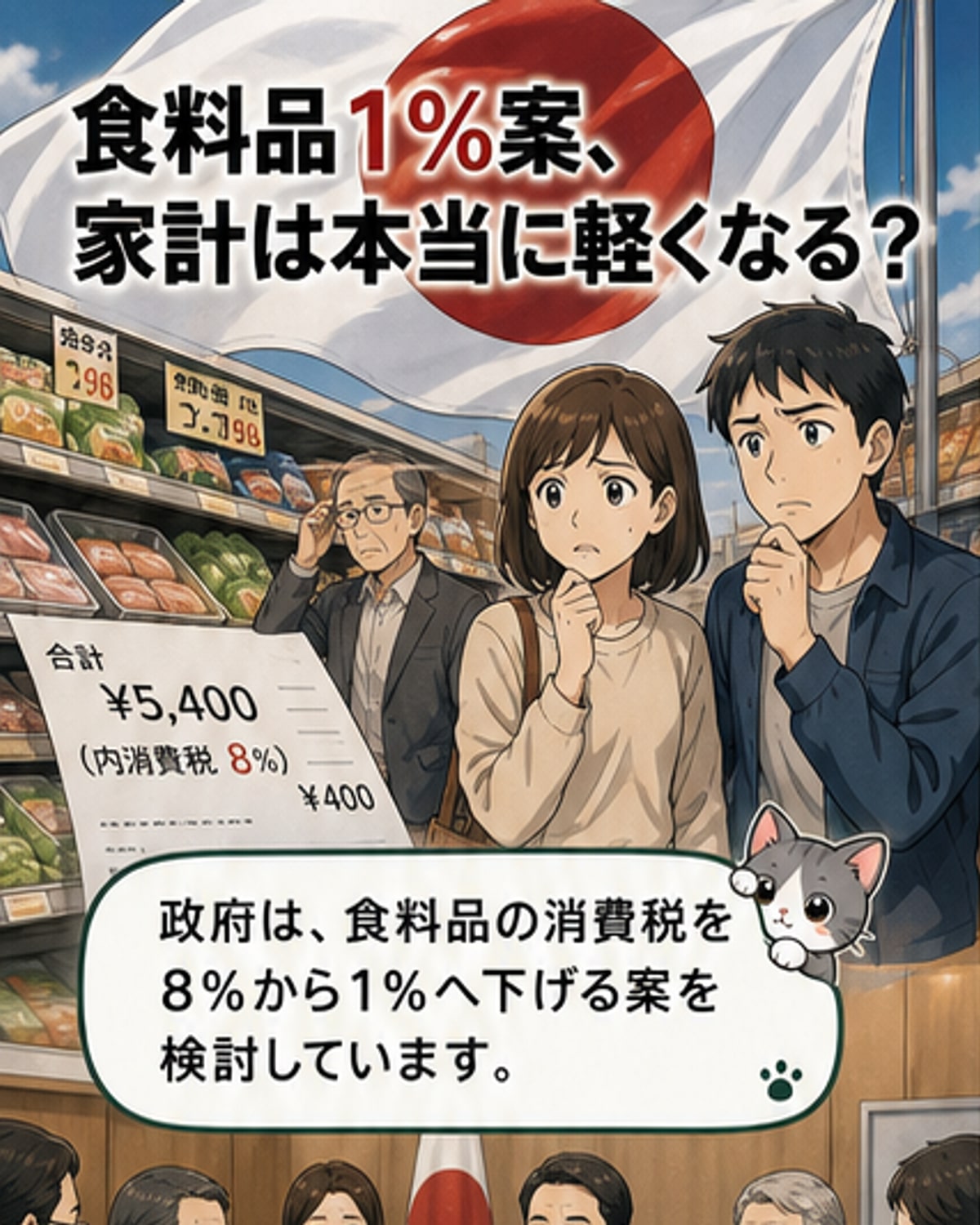 スーパーの棚に並ぶ食品の前で、消費税引き下げと物価上昇のせめぎ合いを示すイラスト