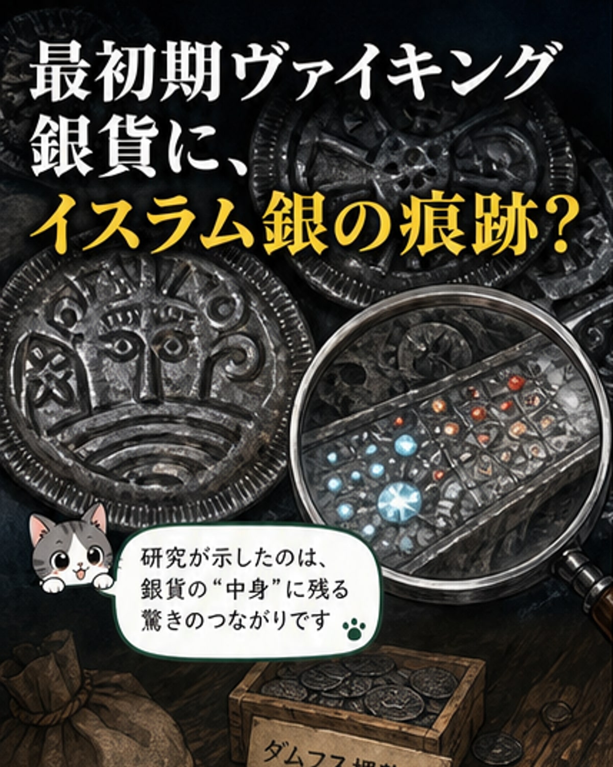 断面の元素マップで赤が銀、黄色が銅を示す古代銀貨と、周囲に散らばる化学データグラフ。