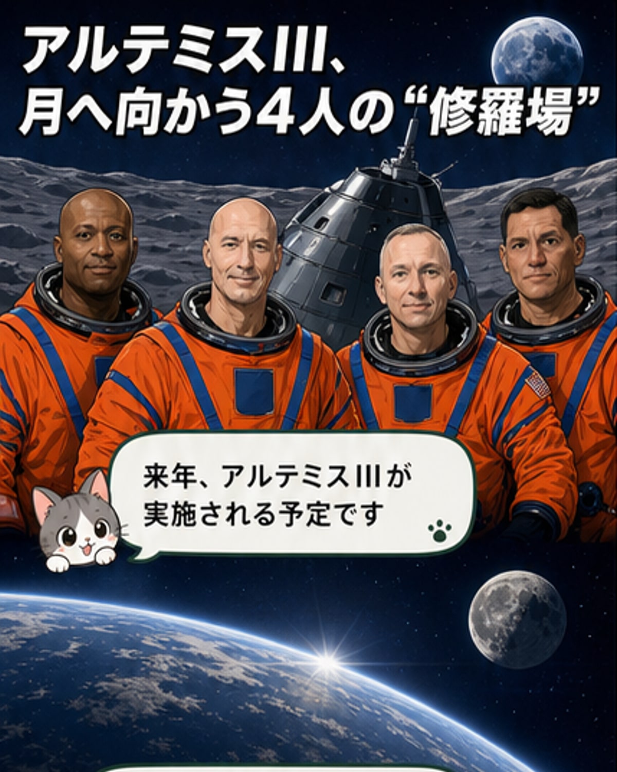 アルテミスIIIミッションの4人の宇宙飛行士の肖像が並ぶ。左からランディ・ブレズニク、アンドレ・ダグラス、フランク・ルビオ、ルカ・パルミターノ。