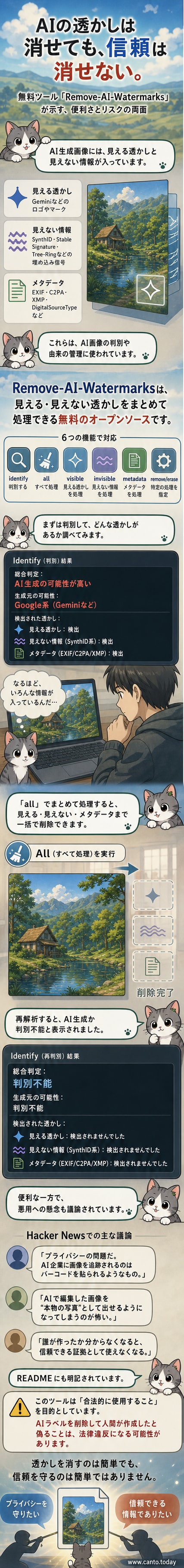 AI生成画像に含まれる可視・不可視の透かしを示す図解。右下にGeminiのスパークルロゴ、内部データにSynthID、ファイルメタデータにC2PAタグが埋め込まれている。