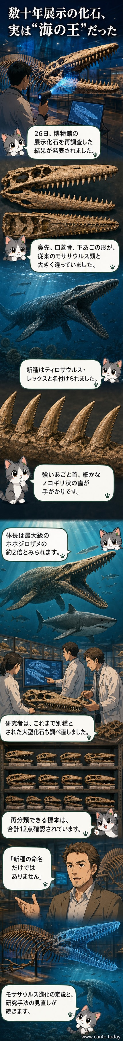 ティロサウルス・レックスの化石とモササウルスの頭がい骨を比較した図。アゴの形状や歯の並びに明らかな違いが示されている。