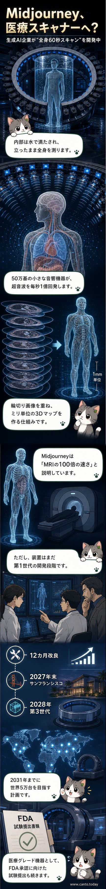 透明な球体の内部に人が立ち、周囲から青い光の波が体をスキャンしている様子。背景には複数のモニターに映る3D人体画像。