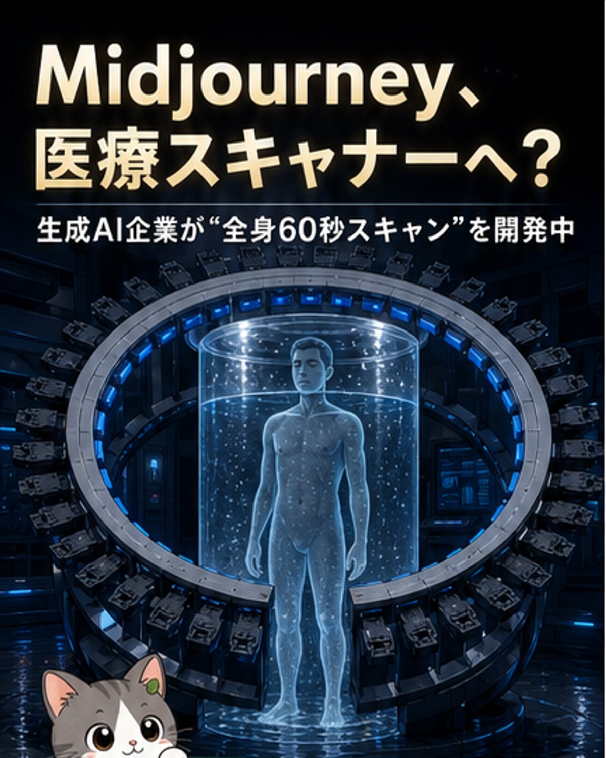 透明な球体の内部に人が立ち、周囲から青い光の波が体をスキャンしている様子。背景には複数のモニターに映る3D人体画像。