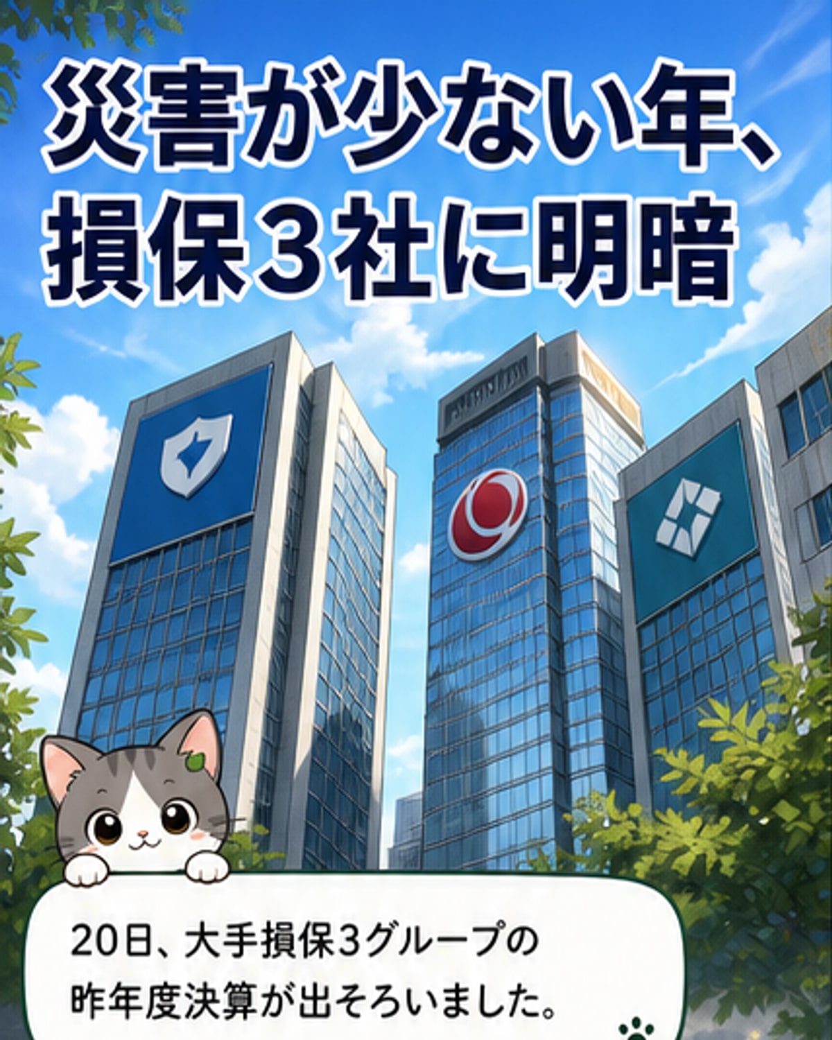 損保3社、自然災害減で増益