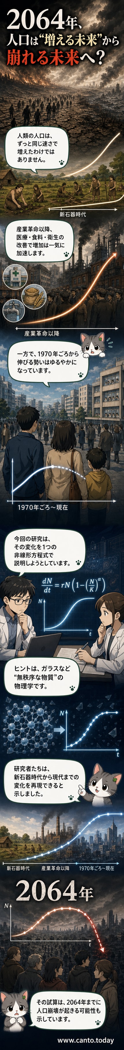 ガラスの構造を模した図と、人類の人口推移を重ねたビジュアル。2064年までの急激な減少が示されている。