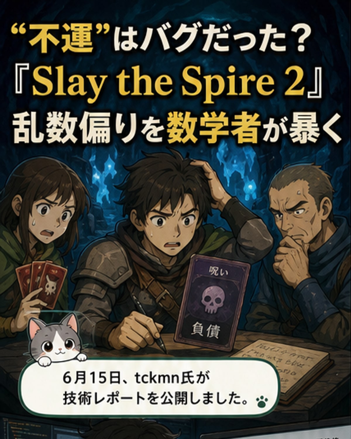 『Slay the Spire 2』のゲーム画面と乱数バグの分析結果を示すグラフが並ぶカバーイラスト