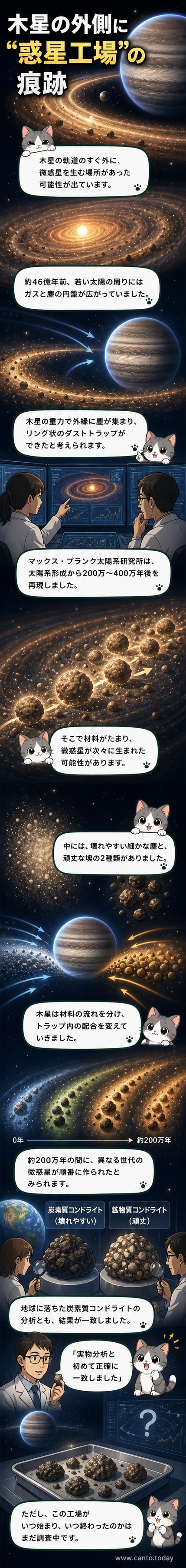 木星の軌道外側にリング状に広がるダストトラップの概念図。塵が集まり、微惑星が形成される様子を描いている。