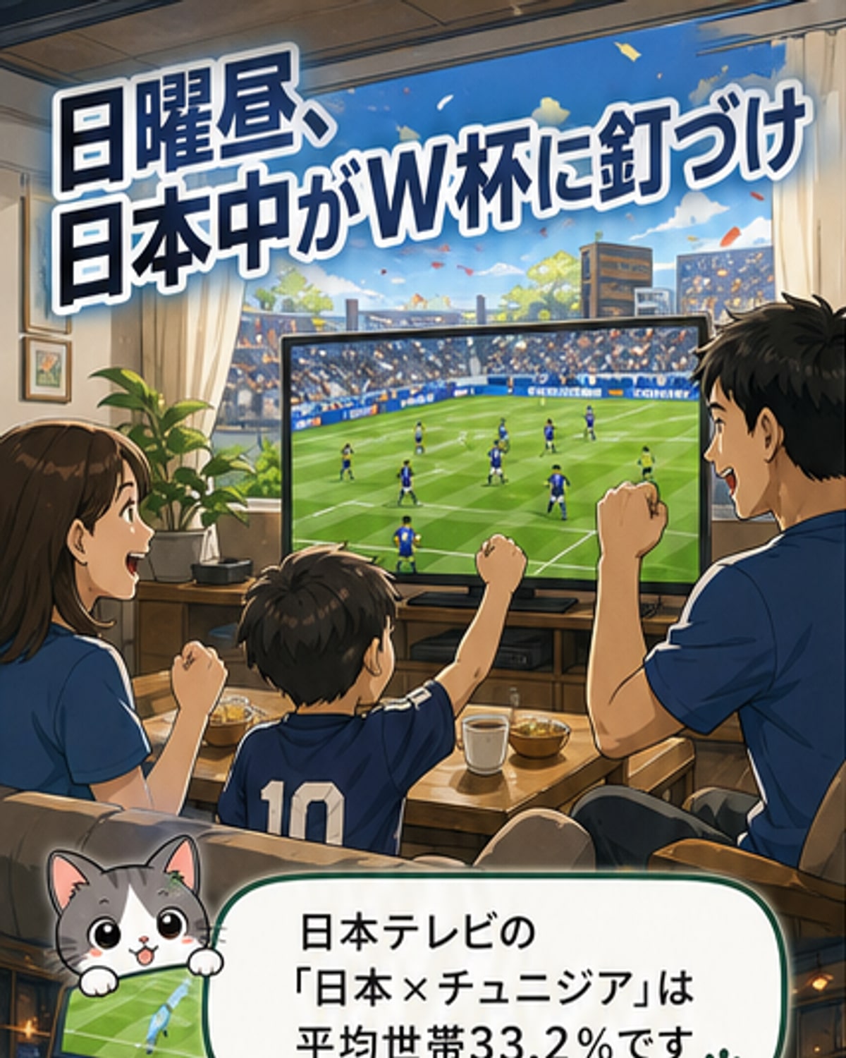 サッカー日本代表がW杯でチュニジアに4-0で勝利し、視聴率が今年最高の33.2%を記録した様子を描いたカバー