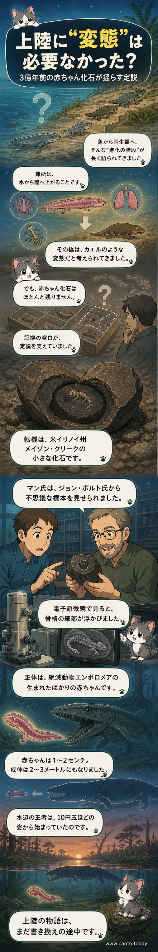 顕微鏡で観察された、1〜2cmのエンボロメアの赤ちゃん化石。骨格の詳細が見える。