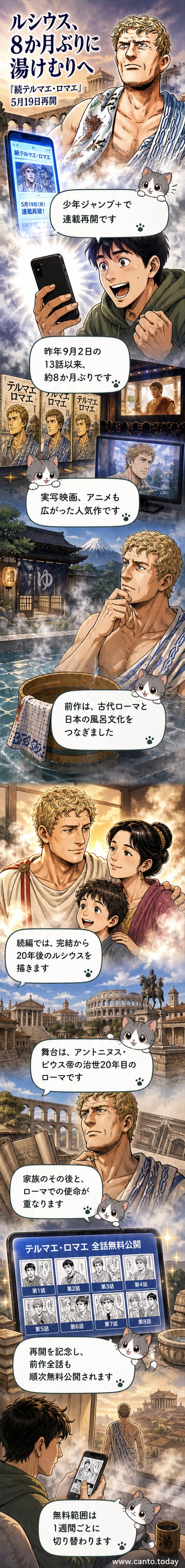古代ローマの浴場技師ルシウスが、現代日本の銭湯で驚いた表情を浮かべる様子が描かれたカラーカット