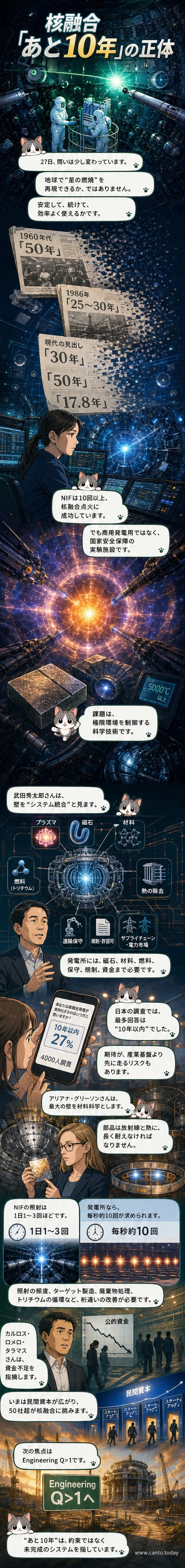 太陽のような核融合反応を地上で再現しようとする科学者たちの姿を描いたイラスト。高温のプラズマが磁場に閉じ込められ、周囲にはレーザー装置や超伝導マグネットが配置されている。